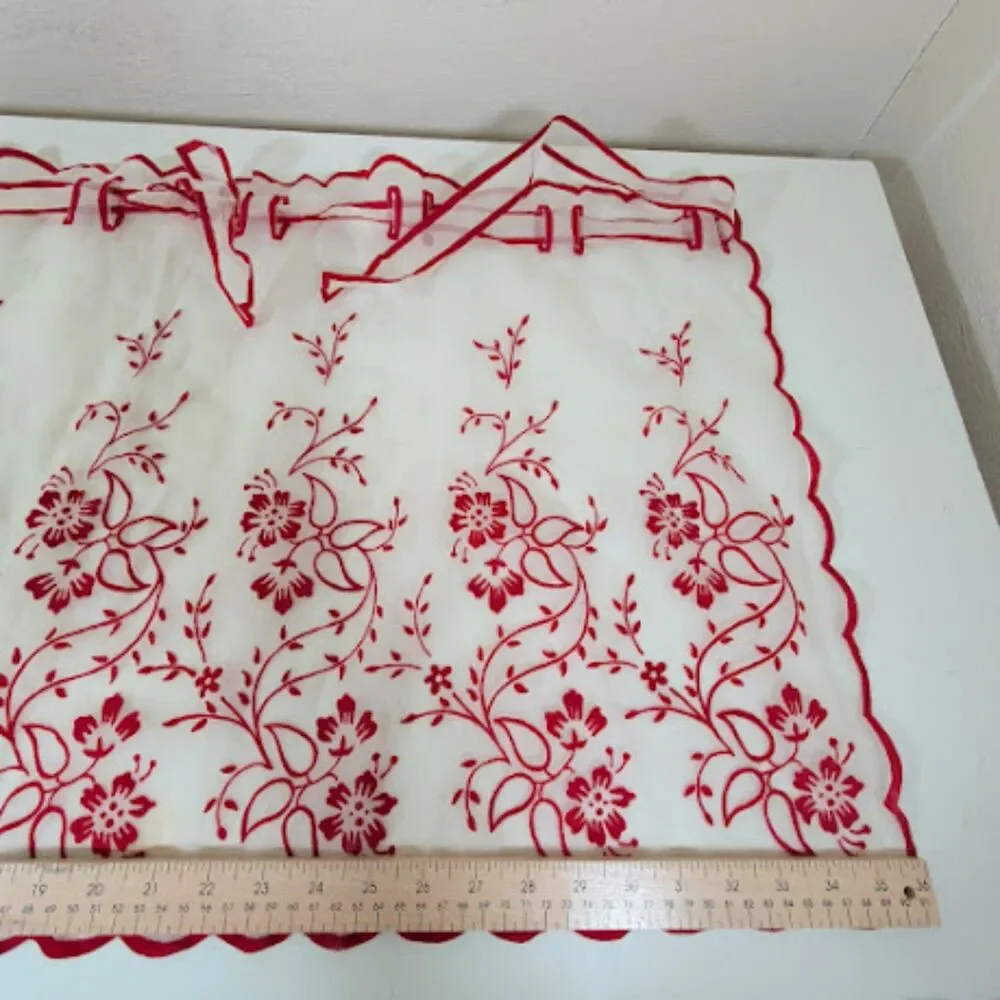 Vintage 1950s Sheer Hostess Apron – Red Floral Embroidery & Scalloped Edge